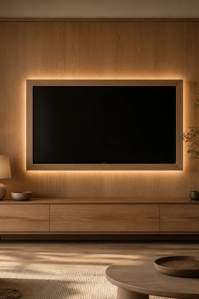 A warm monochrome wood TV wall. The TV is framed in the same wood tone as the media console. The background is a smooth wood panel or large wood veneer sheet, with a thin darker wood inner border. Warm LED lighting runs behind the frame.