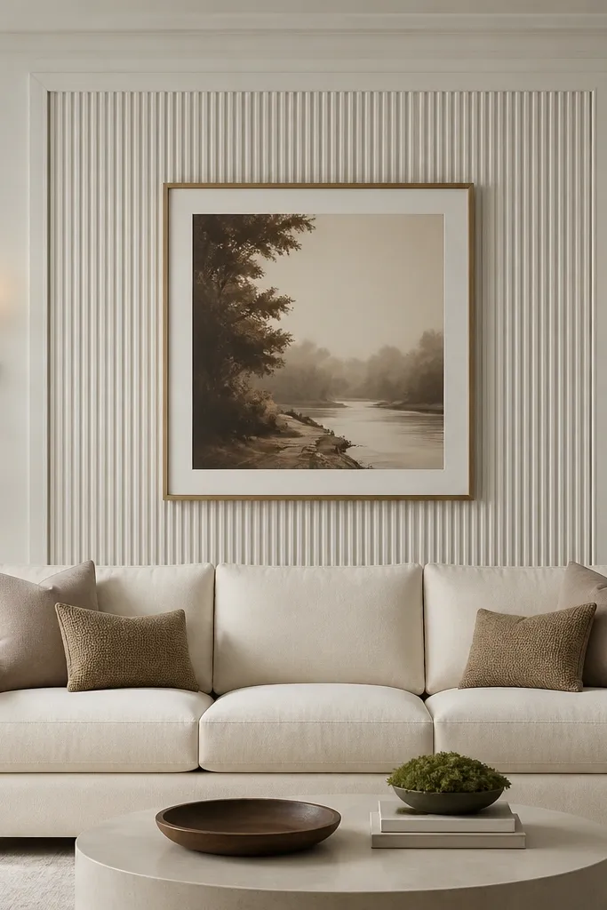 A cream sofa sits in front of a wall painted soft white. The wall has centered fluted panels in a slightly deeper off-white, forming a vertical rectangle behind the sofa back cushions. The panels have crisp shadows in the grooves, and the whole area is framed by simple flat trim. Two warm brass sconces flank the panel, and a single large framed print sits centered above the sofa.