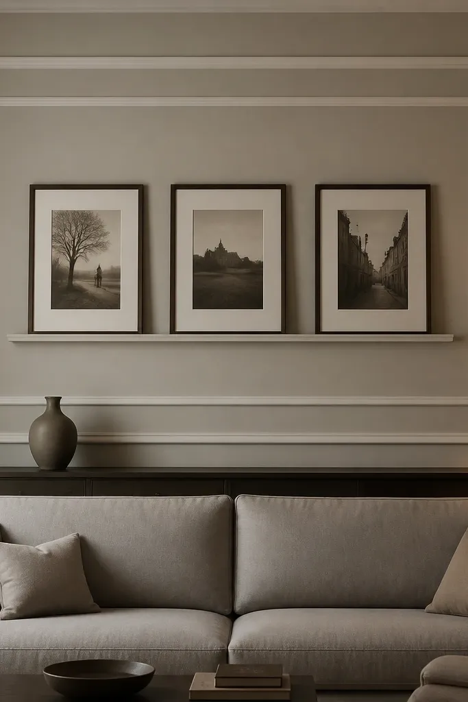 A classic living room wall shows two nested rectangular frames made from white crown molding. Inside the inner frame is a simple picture rail with three framed photos arranged in a neat row. The sofa is upholstered in light gray fabric, and the wall has a warm greige paint around the frames. A small vase sits on the console below, and the lighting is warm and dim.
