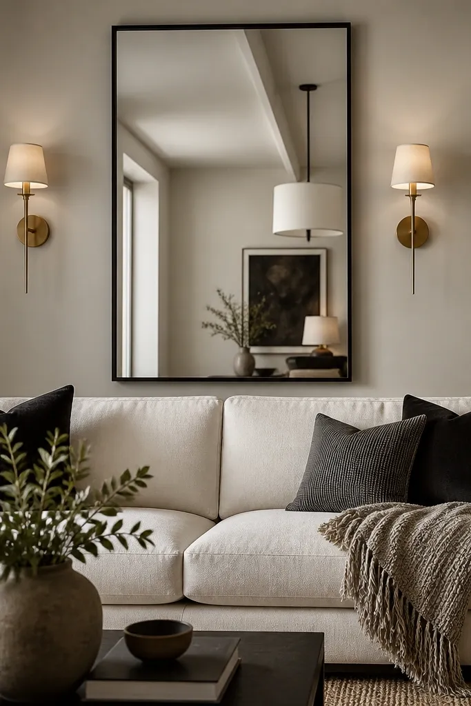 Behind a cream sofa, a tall rectangular mirror with a thin matte black frame is centered on the wall. On each side, there are two small warm brass sconces mounted at matching height. The wall paint is a light warm gray, and the mirror reflects part of the room lighting. The sofa has dark throw pillows and a textured throw blanket.