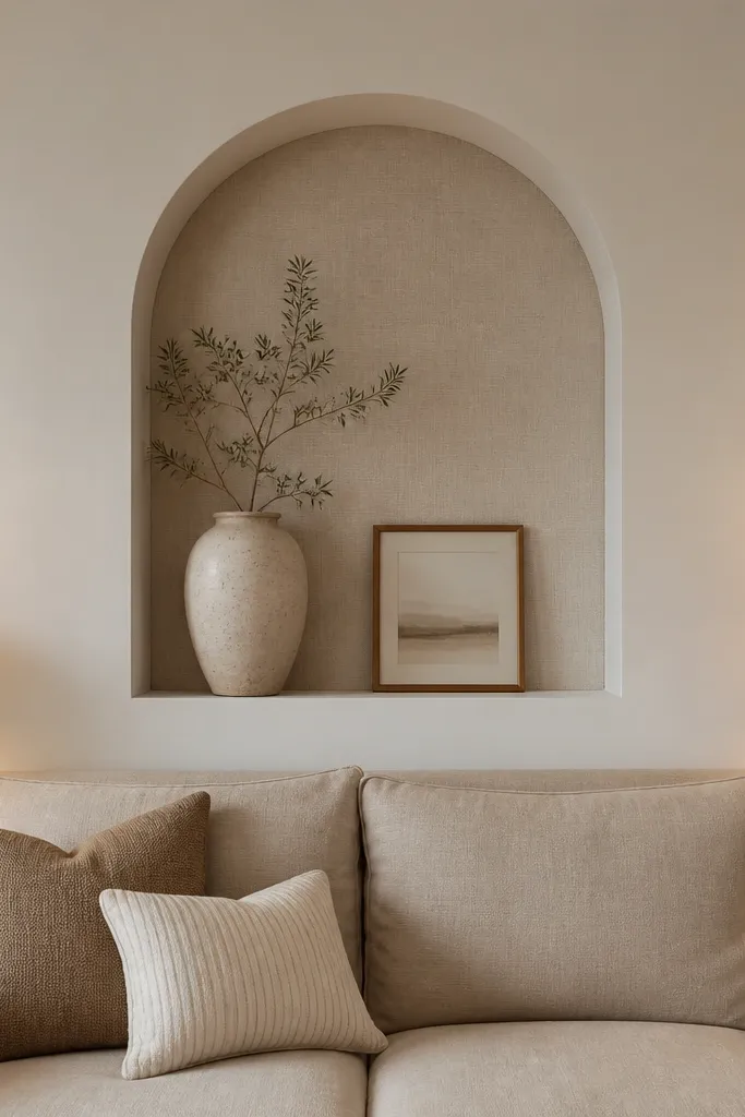 A wall behind a beige sofa has a centered arched niche. The niche is built from MDF with smooth edges, painted warm white, and lined with light oatmeal linen fabric. Inside the niche sits a large ceramic vase and a small framed art piece. Two small table lamps on side tables cast warm light, and the niche has subtle shadow depth.