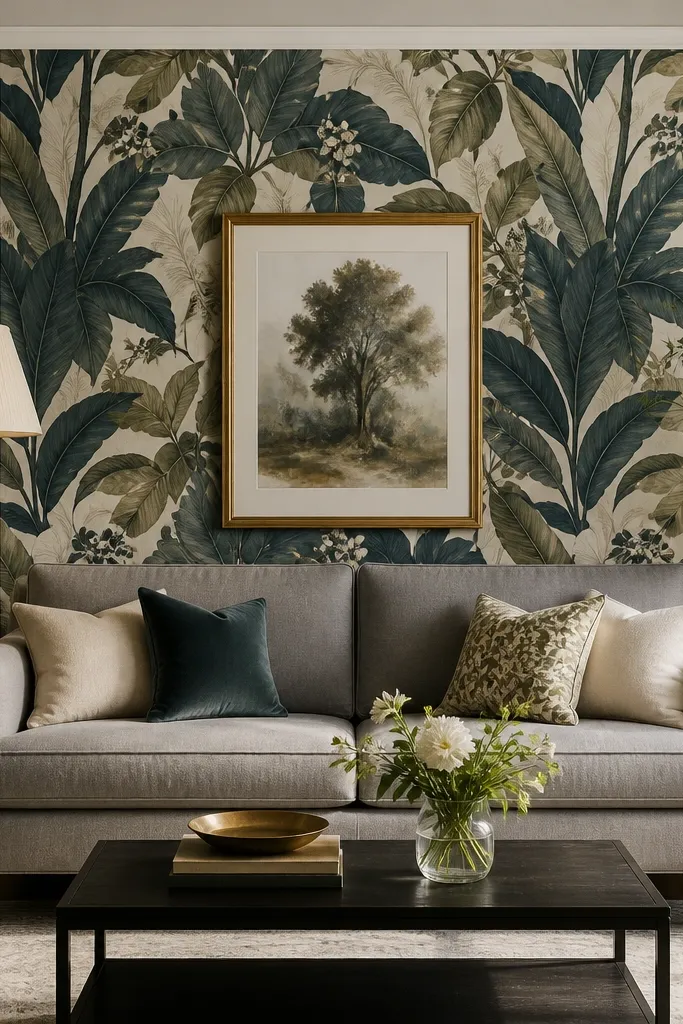 A gray sofa sits in front of a wall where a wallpaper panel is centered. The wallpaper has a large-scale botanical pattern in deep teal, muted olive, and cream. The panel is bordered with simple white trim, and the rest of the wall is painted a soft light gray. A gold framed artwork hangs above the sofa, and the lighting is warm.