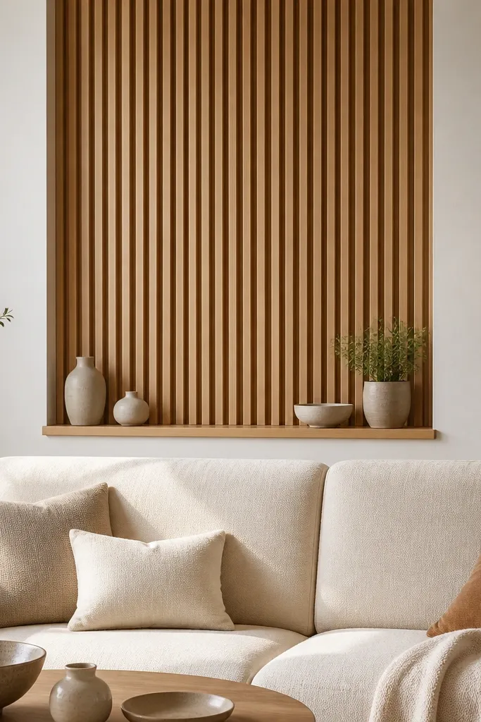 Behind a cream sofa, vertical wood slats run from near the top of the sofa back up toward the ceiling. The slats are in a light oak finish, with narrow gaps between them. At the bottom of the slat section there is a thin ledge shelf in matching wood. A few ceramic pieces and a small plant sit on the ledge, and the rest of the wall is simple off-white.