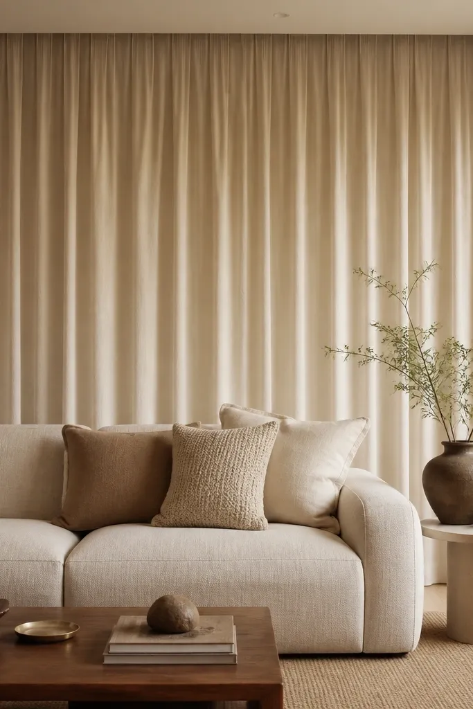 A sofa sits under a wall with soft linen drapes. The curtains are a pale oat color and hang in gentle vertical folds from a hidden track just below the ceiling line. The drapes cover the entire space behind the sofa and stop around the sofa arm height. The room has warm lighting and neutral cushions.