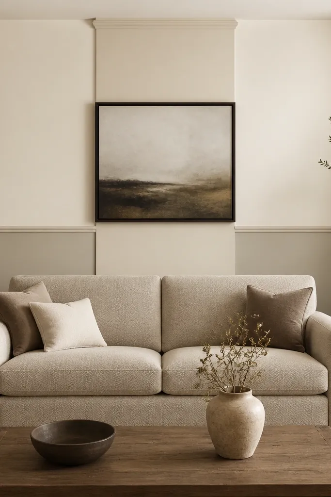 The wall behind a sofa has a horizontal split: the top is warm cream and the bottom is a muted greige. A centered vertical stripe in a slightly deeper cream runs behind the sofa back area. Small molding caps frame the stripe at the top and bottom. The sofa is upholstered in oatmeal fabric, and the artwork above is simple and dark-framed.
