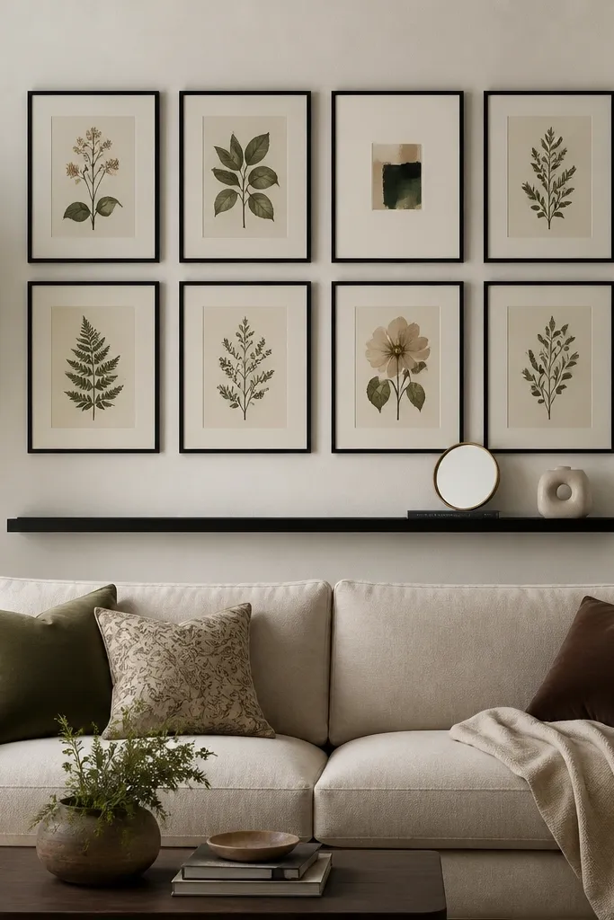 A sofa sits beneath a wall where a floating grid of framed art hangs in a tight rectangle behind the sofa. The frames are slim black, evenly spaced, and the art includes botanical prints and one small abstract piece. Beneath the grid there is a narrow floating shelf. On the shelf, a small round mirror leans against a book and a ceramic sculpture.