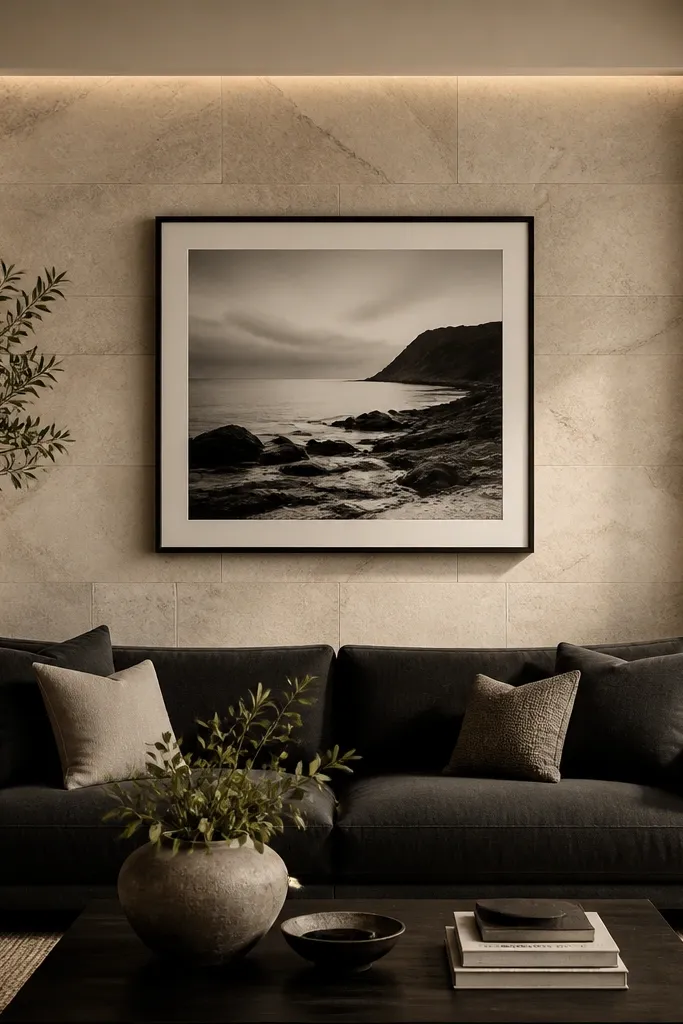 Behind a charcoal sofa, a stone-look panel wall is installed in a centered rectangular section. The panels mimic light limestone with soft gray veining. The surrounding wall is painted warm off-white, creating a frame around the stone section. A large black-and-white photograph sits centered above the sofa, and the lighting is warm with subtle shadows on the stone texture.