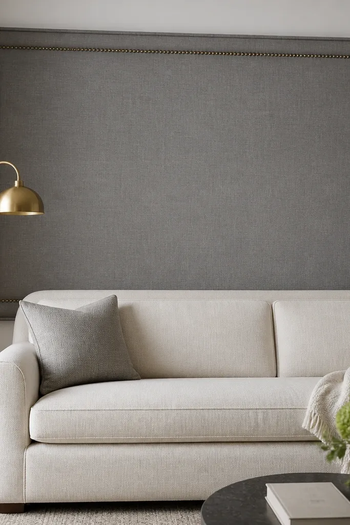 A large upholstered wall panel behind a cream sofa spans most of the wall width. The fabric is a medium gray linen with a subtle slub, and it has a framed border with nailhead trim in a brushed brass finish. The panel is centered and has a slight tuft-like firmness from how it's stretched. A matching throw pillow and a brass floor lamp sit nearby.