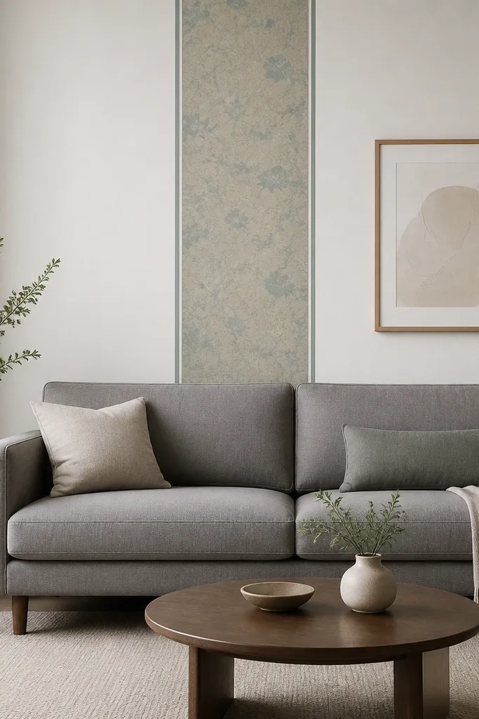 The wall is painted a warm white. Behind a gray sofa is a single vertical wallpaper stripe running from about a foot above the sofa back to near the ceiling. The stripe has a subtle pattern with muted teal and beige tones. The stripe is framed on both sides by thin painted lines, and the artwork above is minimal.