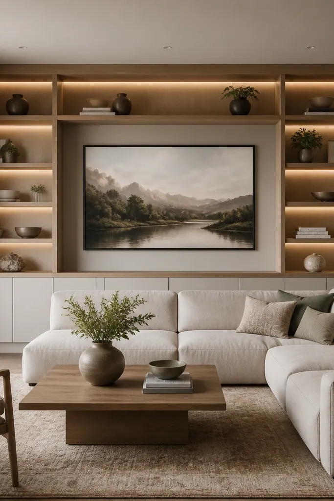 A full media wall is built behind the sofa. There are lower closed cabinets in a matte warm white, with a thin baseboard. Above them are open shelves in a light oak finish, and the shelves are arranged symmetrically around a centered niche for a large framed artwork or TV. The wall has recessed lighting strips inside the shelves, casting warm light on decor.