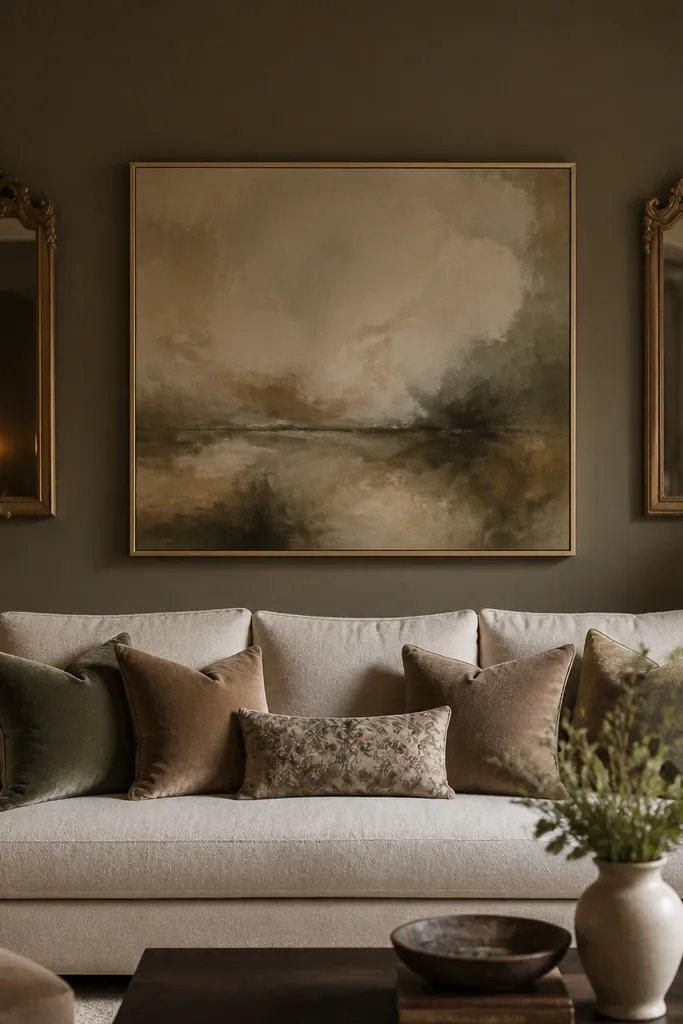 A statement painting hangs centered above a sofa. On the left and right sides are two smaller mirrors with ornate but not too heavy frames, placed slightly higher than the painting's midline. The wall is painted a deep warm greige, and the mirrors reflect warm lighting. The sofa is a light beige fabric, and the pillows echo the painting's colors with muted tones.