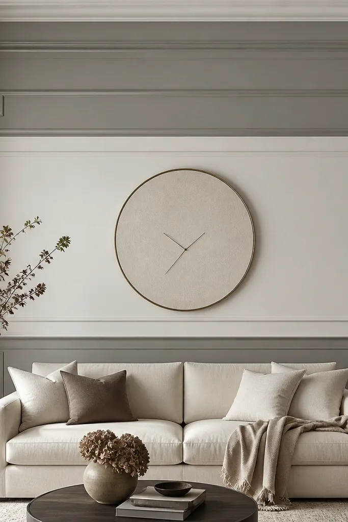 A tall wall behind a sofa has stepped trim molding running in horizontal bands. The top section is painted a darker warm gray, and the middle section is a lighter off-white panel, with the bottom band matching the darker tone. The trim is crisp and creates a layered look up toward the ceiling. The sofa is upholstered in cream fabric, and a large round clock or simple art piece sits centered.