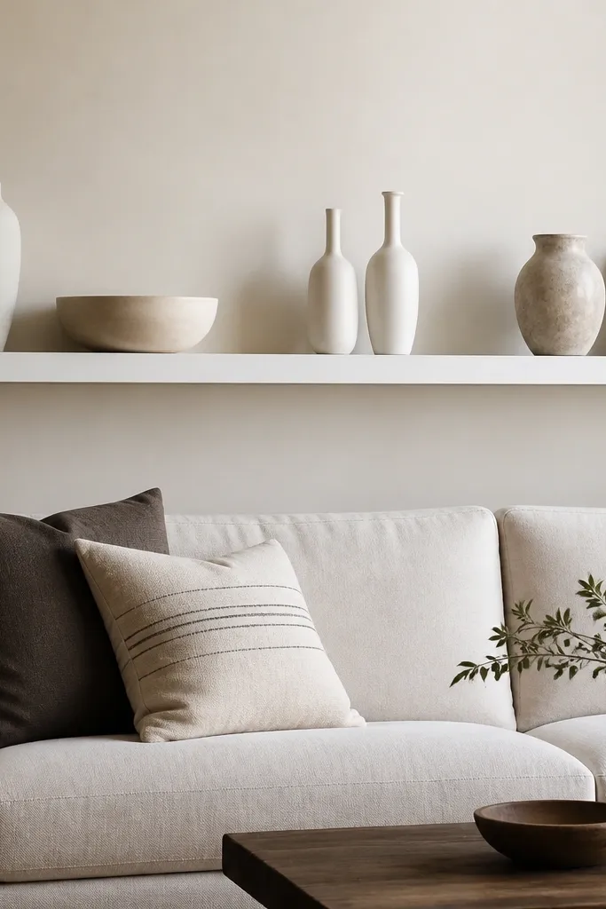 Long white floating shelves above a living room couch. On the left sits a tall matte ceramic urn, next to a short cream ceramic bowl. Across the middle are two slim off-white vases with narrow necks. On the right is a medium-height stoneware vase. A small black picture frame sits near the right end.