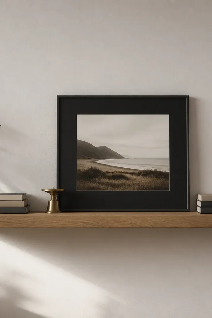A long oak floating shelf. Two small book stacks sit on the left and right. The spines are rotated so the titles aren't readable, and the stack tops show muted beige and charcoal covers. In the center stands a large landscape picture frame with a thick black mat. A small brass desk object sits to the left of the frame.