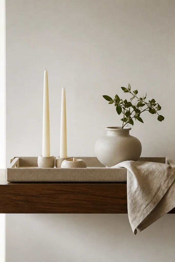 A long walnut floating shelf with a large rectangular linen-textured tray. On the tray are two taper candles in cream, a small ceramic candle holder, and a folded linen napkin draped over one side. Behind the tray sits a short ceramic vase. A thin gold picture frame is placed at the far right.