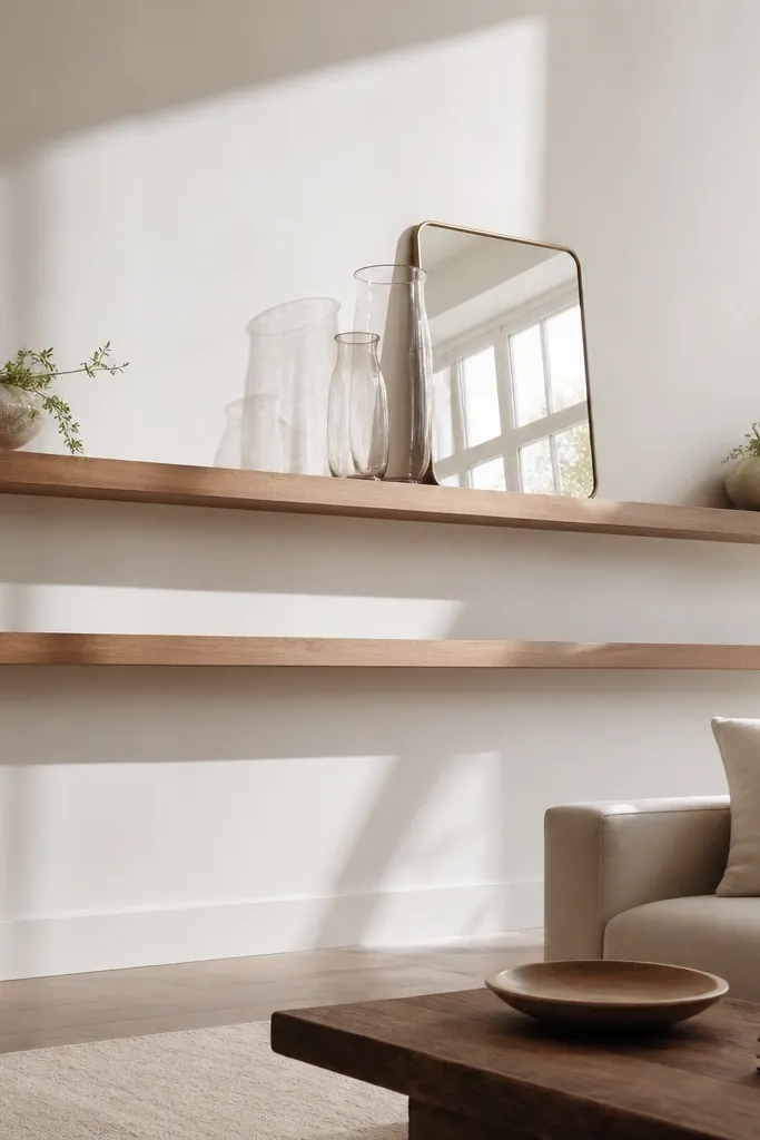 Long floating shelves in a bright living room. A small leaning mirror sits behind the center portion of the shelf. In front are two tall clear glass vases, one slightly taller than the other. On the ends are two low ceramic planters. The shelf is mostly light and airy with large empty gaps.