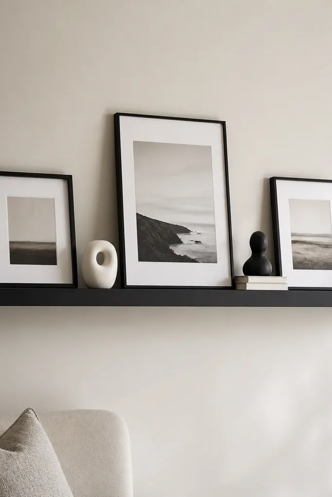 A long black floating shelf. Three picture-ledge frames are arranged along the shelf line, each with a different size print. Between frames are small sculptural objects in white and black. A tiny stack of books sits under one frame edge. The shelf ends have a single ceramic sphere each.