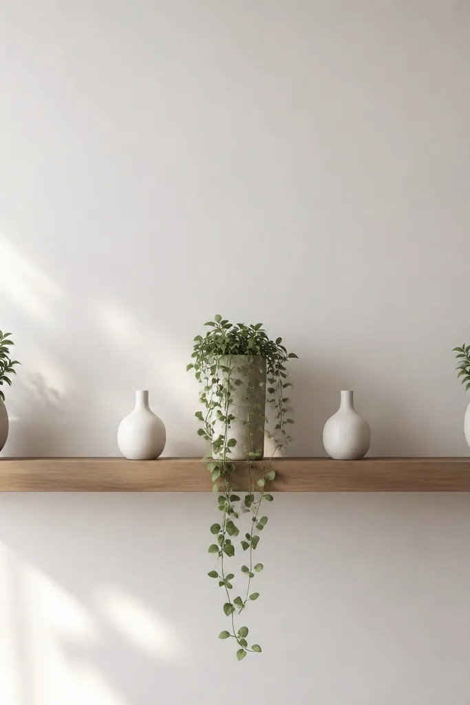 A long floating shelf with a line of greenery. Two identical ceramic planters sit left and right, each holding a compact plant. In the middle is a tall planter with a trailing stem that spills down slightly. There are two small white ceramic vases near the trailing plant. The shelf has clean empty space between plants.