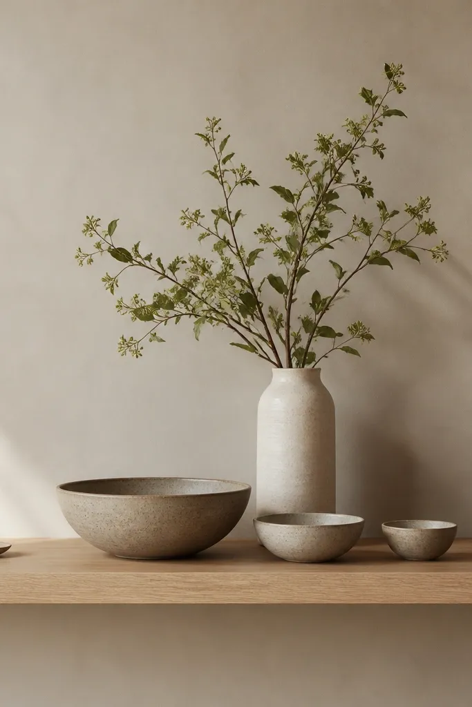 A long light oak shelf with three stoneware bowls in different sizes. The bowls are stacked visually by placing the largest bowl low at center-left, a medium bowl at center, and a small bowl near center-right. A tall vase with a branch arrangement rises behind the bowls. The ends of the shelf are empty except for a tiny ceramic dish.