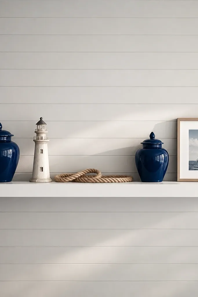 A long white floating shelf with dark blue ceramic jars. Two jars sit on the left and right, with a small coil of rope laid across the shelf near the center. A small cream lighthouse figurine stands between the rope and jars. There's a single framed photo with a nautical print at the far right.