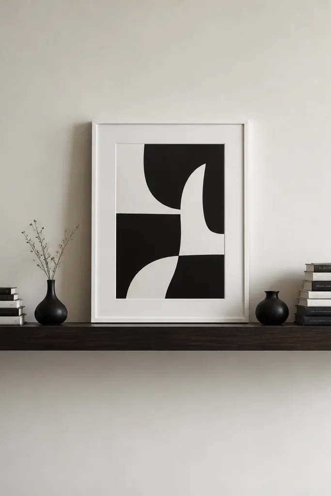 A long floating shelf in espresso wood. On the left is a stack of black-and-white picture books. On the right is another stack, slightly taller. In the center sits a black-and-white typographic print in a thin white frame. Small black vases sit near the stacks.