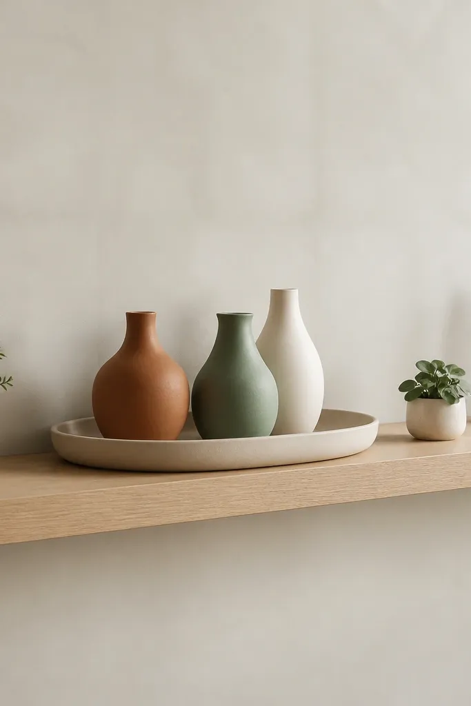 A long light oak shelf with a large beige tray placed near the center. On the tray are three vases: one terracotta, one sage green, and one creamy white. At each end there's a small ceramic planter. A single gold-framed photo sits on the far right.