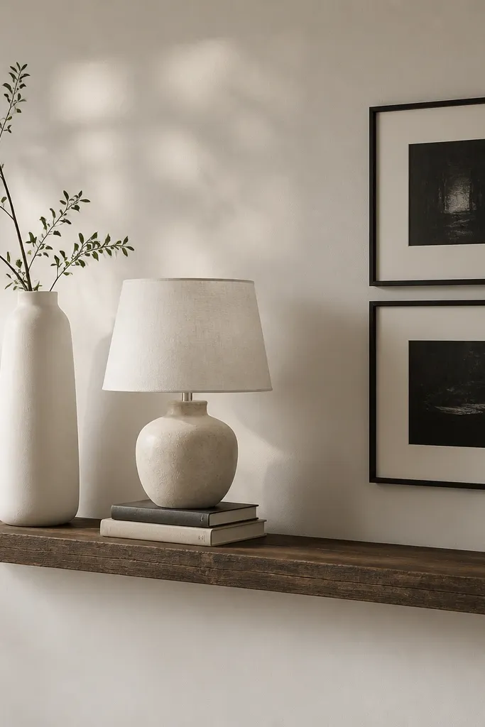 A long floating shelf with a small cream table lamp placed near center-left. Behind it is a tall white vase. On the right are two framed black photos stacked vertically. The lamp shade is off-white linen, and the shelf has a few small books under the lamp base.
