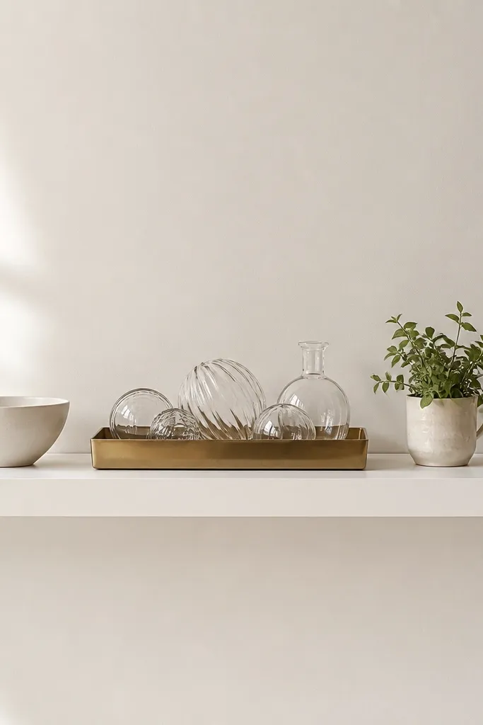 A long white floating shelf with a rectangular brass tray in the center. Inside the tray are clear glass ornaments and a small glass bottle. On the left sits a matte white ceramic bowl. On the right is a small green plant in a ceramic cup. The shelf ends are mostly empty.