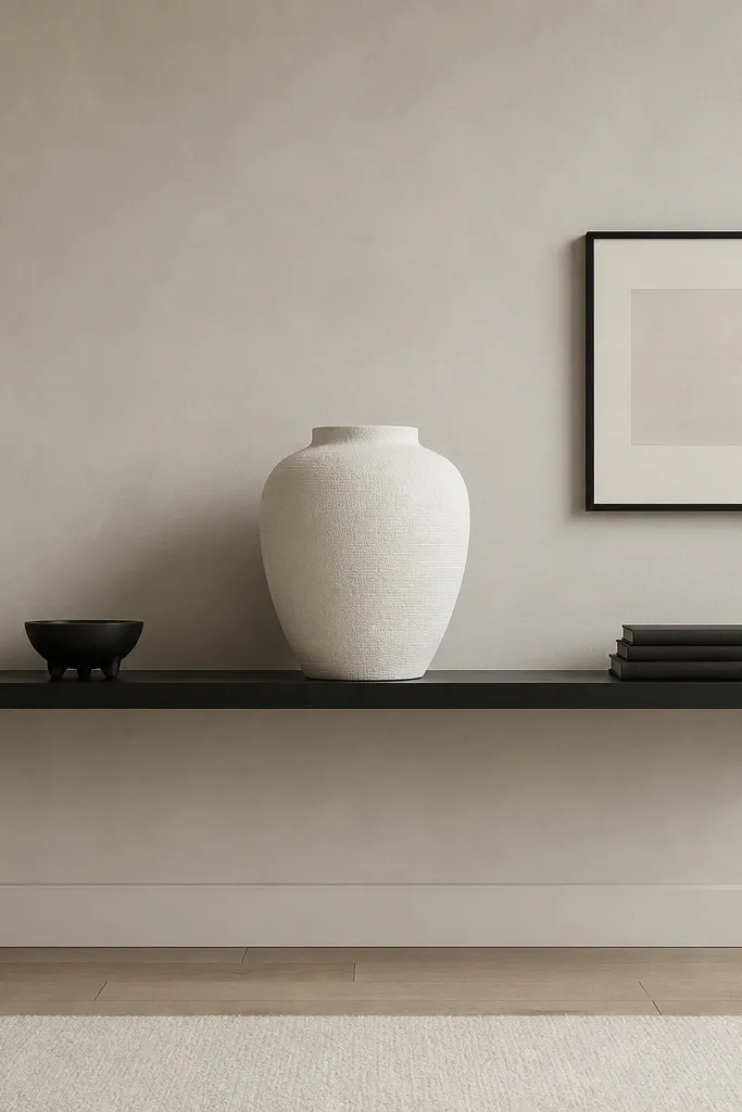 A long black floating shelf with a large white oversized vase centered. To the left is a small black sculpture bowl, and to the right is a stack of black books. A thin black picture frame sits above the stack. The rest of the shelf is empty, with wide gaps.