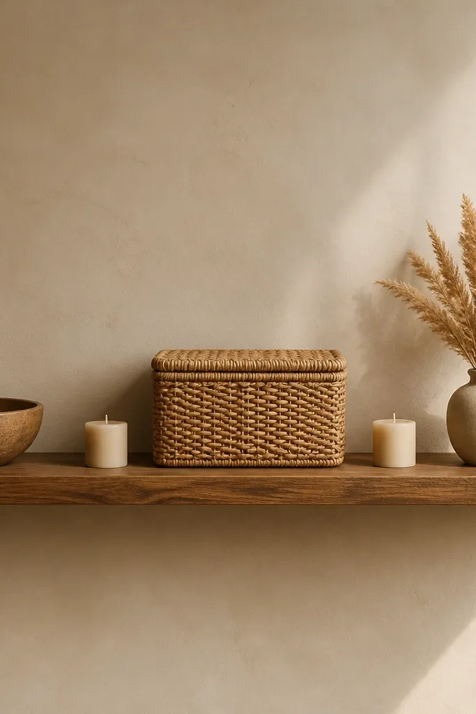 A long medium wood shelf. A woven rattan basket sits centered with two small cream candles placed beside it. On the left is a wooden bowl, and on the right is a small ceramic vase with dried pampas-like grass. The palette is warm brown, cream, and tan.