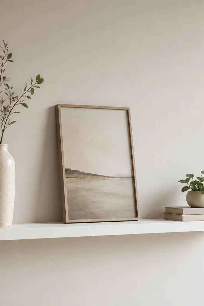 A long white floating shelf with an asymmetrical arrangement. On the left is a tall ceramic vase. Near the center is a leaning framed artwork. On the right are two short stacked books and a small plant. The spaces between pieces are clearly visible.