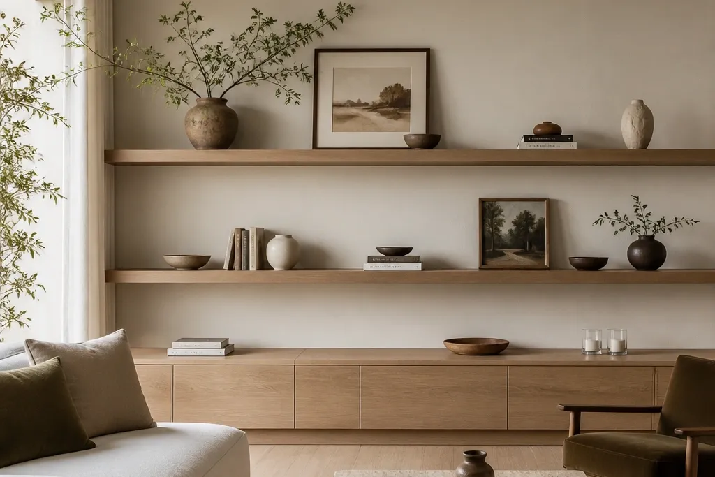 Floating Shelves Living Room aesthetic long shelf styling