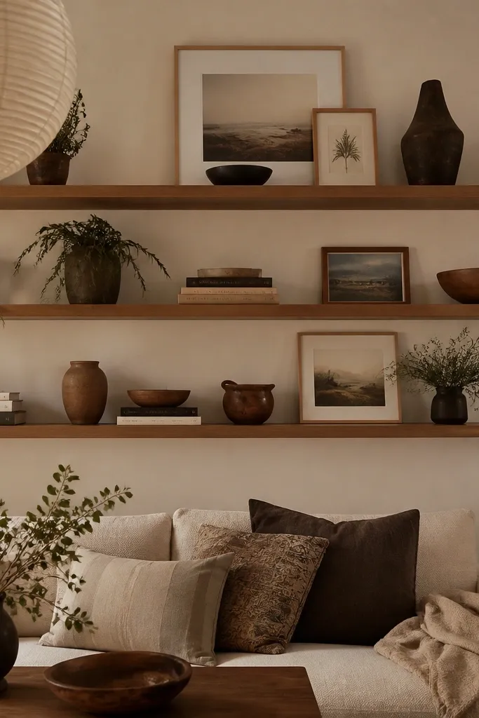 Floating Shelves Living Room aesthetic long shelf styling