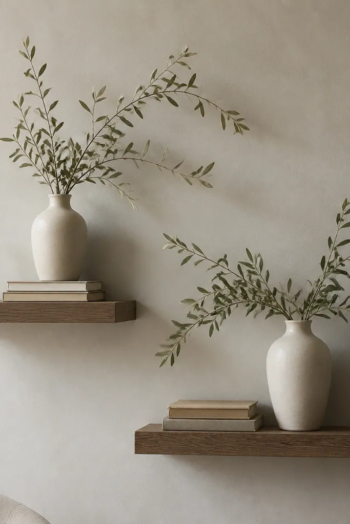 Two floating shelves are styled with a tall cream ceramic vase on the left shelf and a matching cream vase on the right shelf; olive-green stems arc outward. Small stacked books sit near the base and a single brass candle holder is placed at the far end.