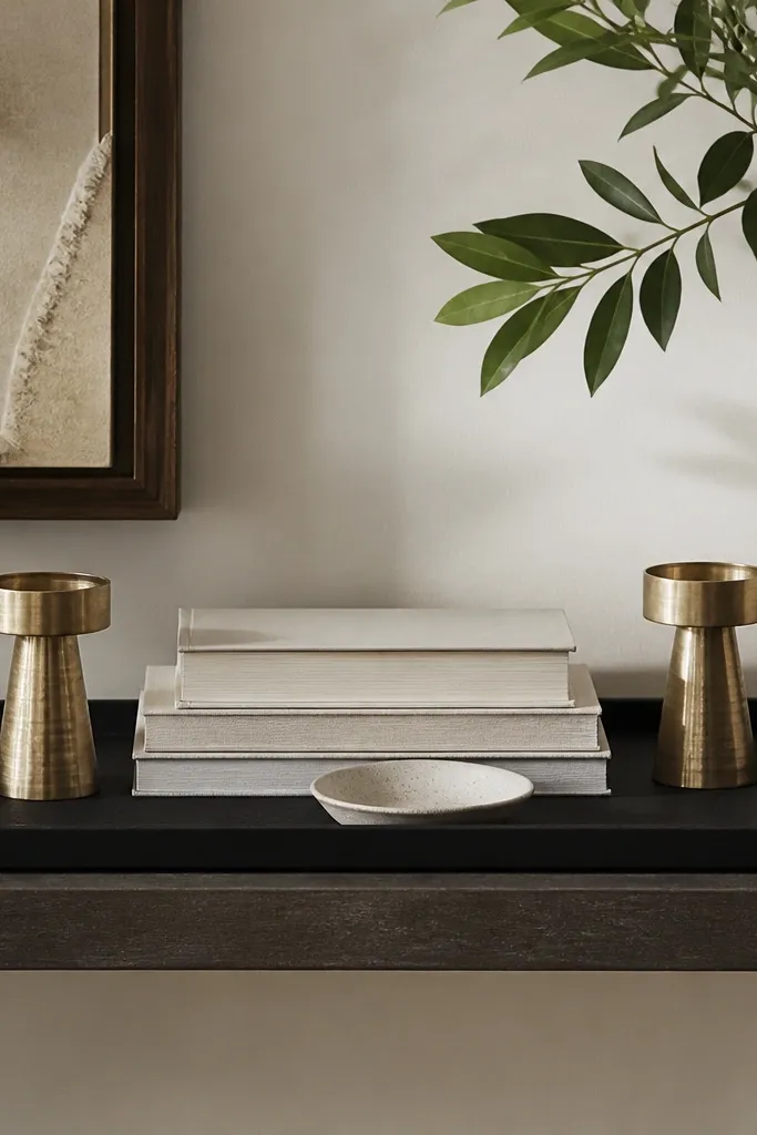 A matte black tray sits centered on a floating shelf. Two short spun-brass candle holders flank a stack of books, with a small ceramic dish at the front edge.
