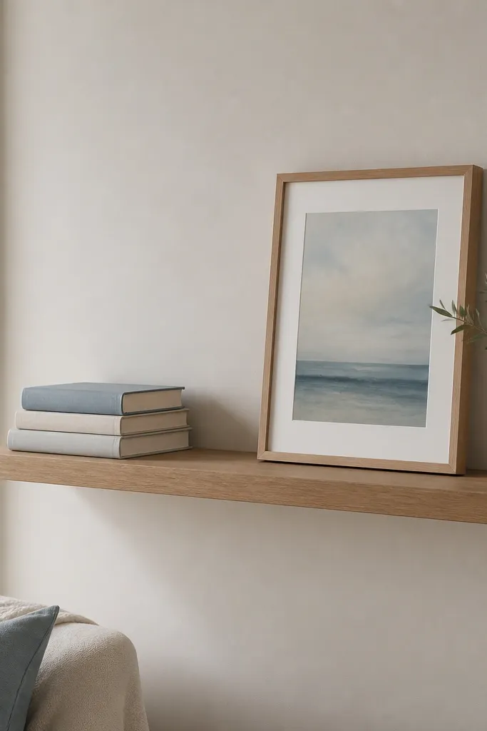 A single long floating shelf holds a neatly stacked set of three books on the left, with a small framed print leaning against the back wall on the right. The colors in the frame match a soft blue accent in the room.