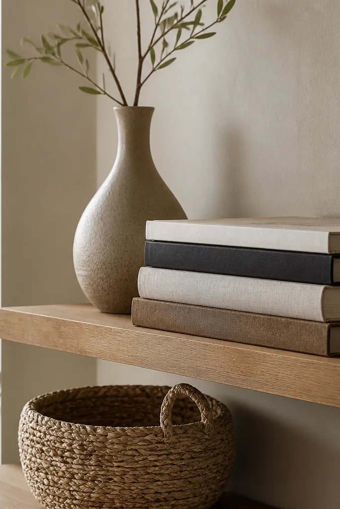 A floating shelf holds a stack of horizontally laid books. In front, a small woven basket sits partly tucked under the shelf edge, with a single tall vase behind.