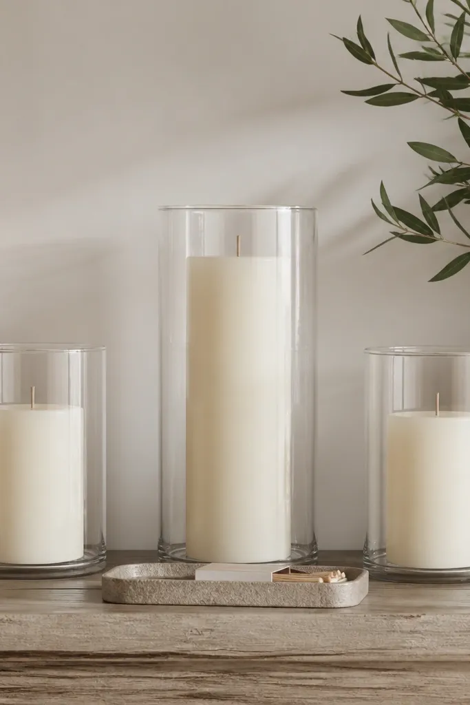 A shelf has three pillar candles in glass holders: one tall in the center and two shorter ones on either side. A small tray with a matchbox sits at the front.