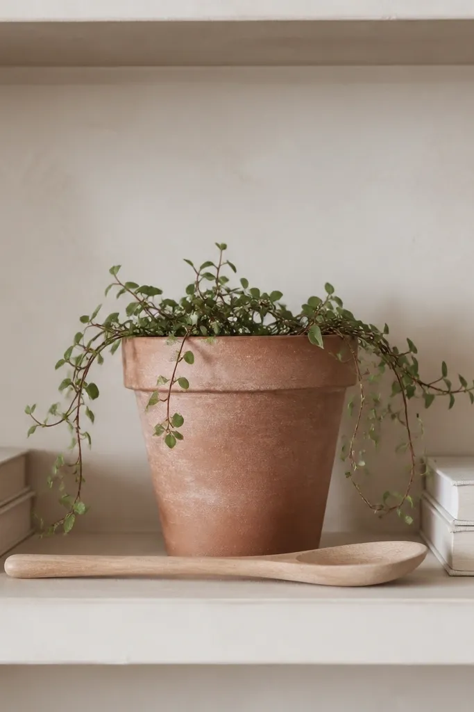 A terracotta planter sits centered on a shelf with a small trailing plant. Two white books are stacked on each side, and a light wood serving spoon rests across the front.