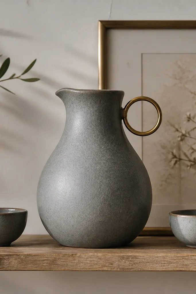 A shelf holds a matte gray stoneware pitcher with a brass ring handle detail. Two small stoneware bowls sit on either side, with a thin brass picture frame leaning behind.