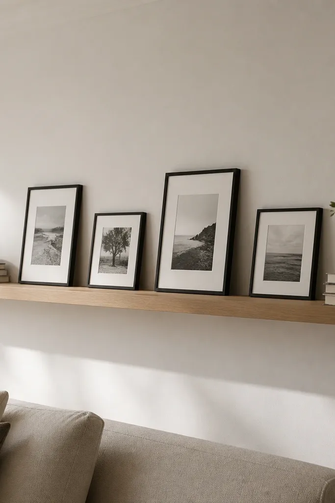 A long floating shelf has a light oak wooden board laid horizontally across the middle. Black-and-white photos in small frames stand along the back edge, with a couple of books stacked at the ends.