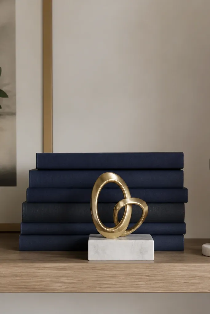 A shelf features a stack of books with navy covers centered. A small gold abstract sculpture sits on a small marble base in front, with a single white candle holder on the right.