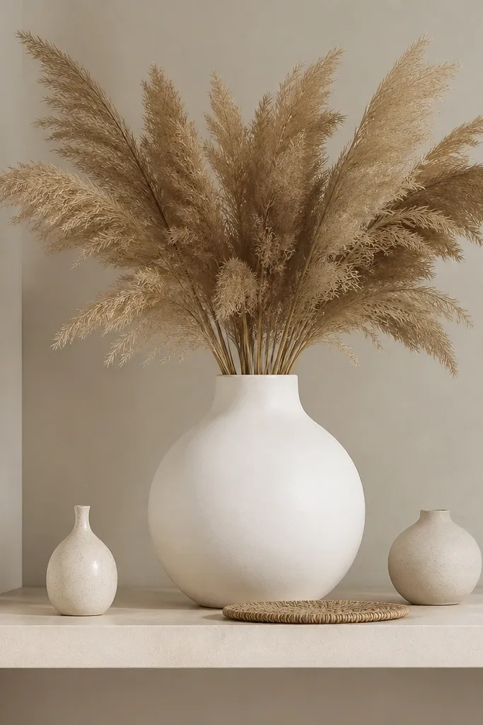 A large white matte vase sits on a floating shelf with dried pampas grass fanned outward. Two small ceramic bud vases flank the vase, and a slim woven coaster sits at the front.