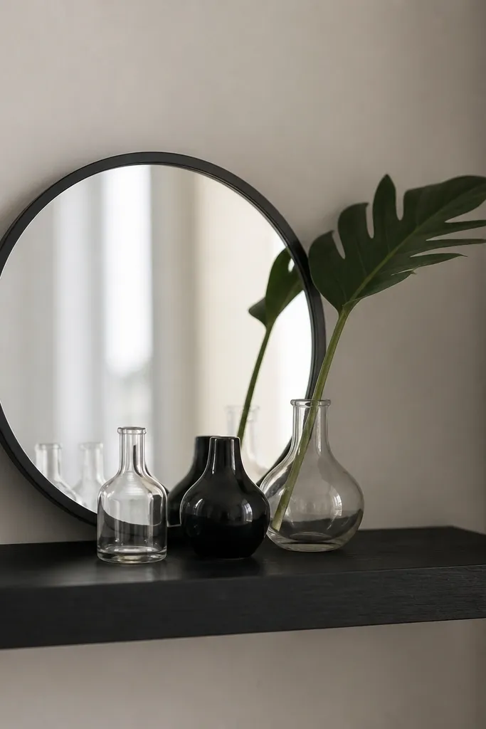 A small round mirror with a black rim sits on a floating shelf. In front of it are three tiny vessels in clear glass and black ceramic, with a single dark green leaf stem placed diagonally.
