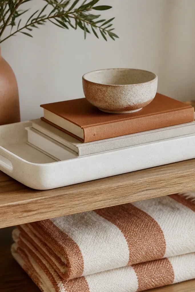 A shelf is styled with a white tray holding a stack of books and a small ceramic bowl. Below the shelf, a folded throw blanket with terracotta and cream stripes is visible, and the shelf items match those colors.