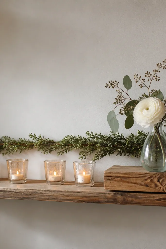 A shelf has a thin garland draped along the back edge like a rail. The front holds a row of small candles in glass holders and a wood block with a single vase.