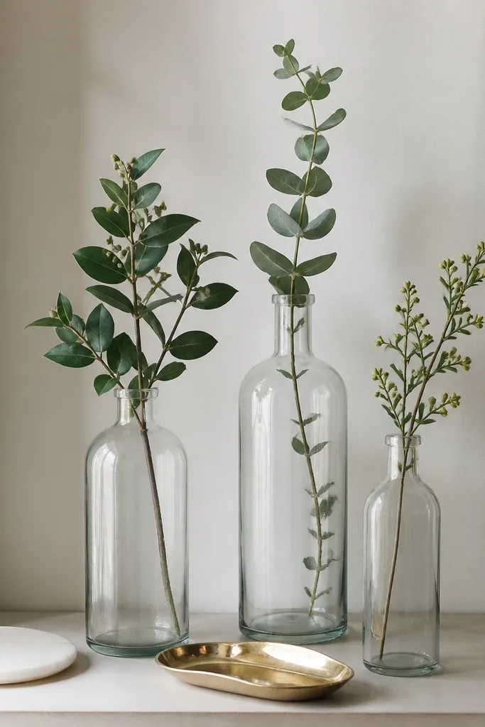 Three clear glass bottles of different heights sit on a shelf. Each bottle holds a single stem of greenery. A small gold tray sits at the front and a white ceramic coaster is near the left edge.