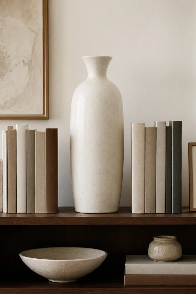 A tall ceramic vase in warm white sits on the back center of the shelf. On both sides are stacks of books with coordinated spine colors, and a small framed quote sits on the far right.