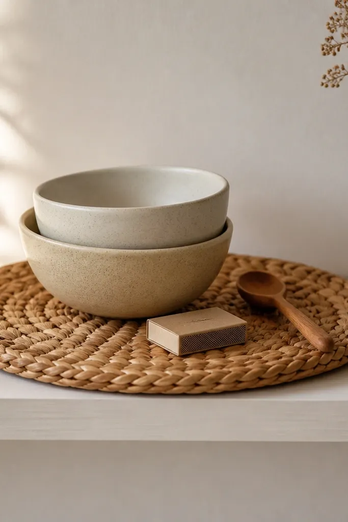 A woven charger sits centered on the shelf. On top are two ceramic bowls in muted sand and oat colors, plus a small wooden spoon and a matchbox.