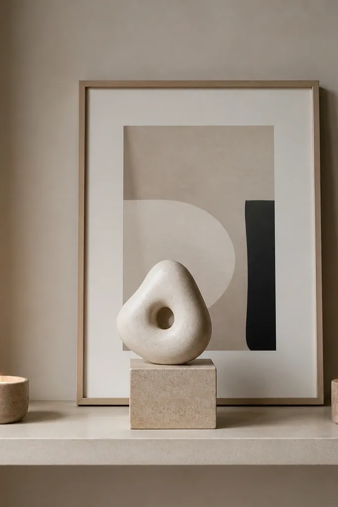 A shelf has a small sculptural object on a pedestal at the center and a leaning framed print behind it. Short candle holders sit at both ends.